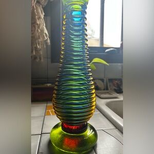 Hand Blown Glass Vase Textured - Green, red, blue and yellow